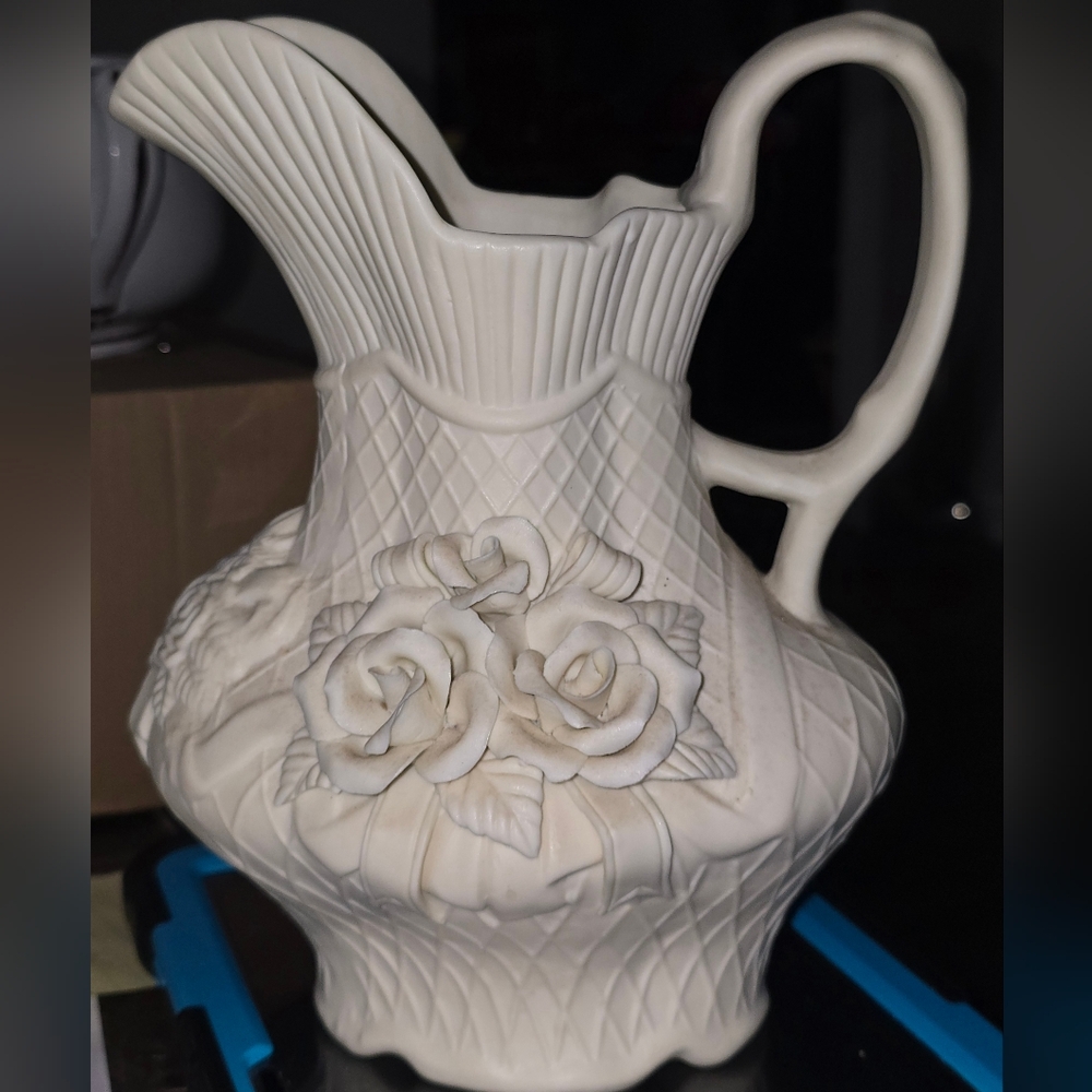 Elegant Alabaster Cream Ceramic Pitcher with Floral Design Vintage